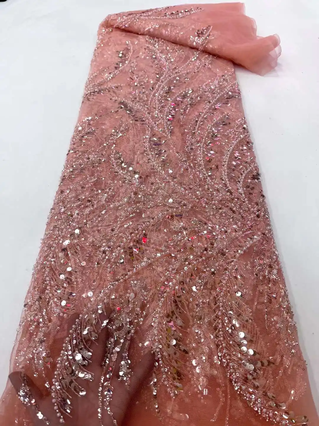 

Mccarthy Luxurious Sequin Beaded Tulle lace Fabric 2023 High Quality Embroidery blush pink French Mesh Tulle Lace Evening Dress