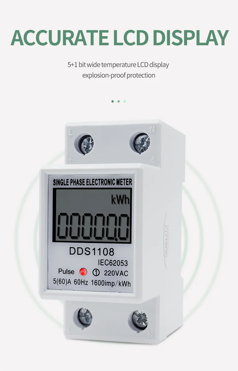 LCD-Digitalanzeige, Stromverbrauchsmesser, einphasiger Energiezähler, Watt, Wattmeter, kWh, 230 V AC, 50 Hz, 60 A, elektrische DIN-Schiene – Detail 2