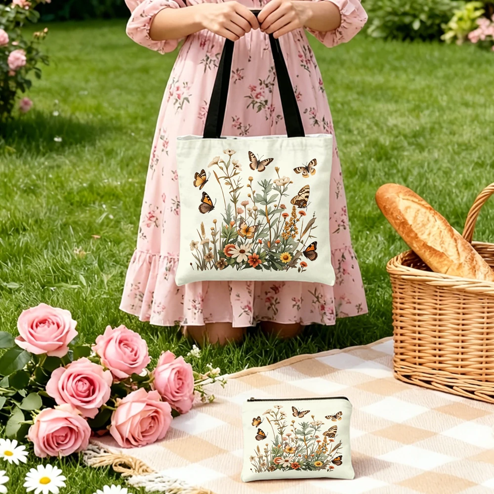 Floral Butterfly Print Handbag Cream Tote Bags And Makeup Bag Combination For Women Shopping And Daily Use Portable Pouch view 2