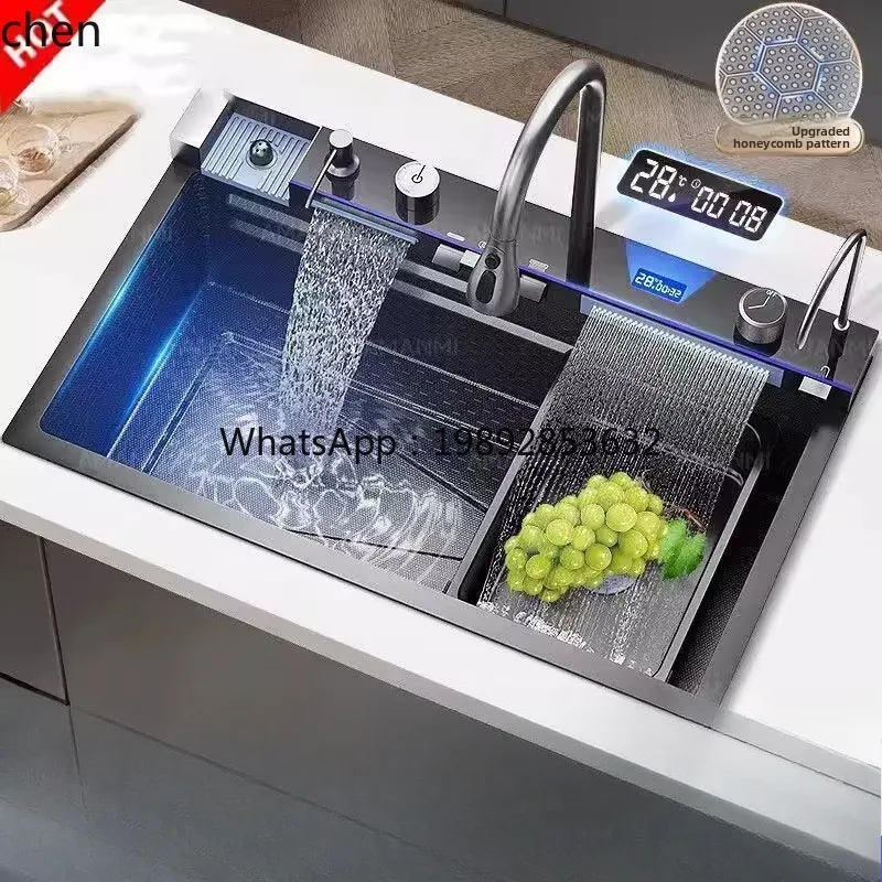 BB  High-End Sink Kitchen Honeycomb Embossed Large Single Slot Digital Display Nano Household Vegetable Washing Basin