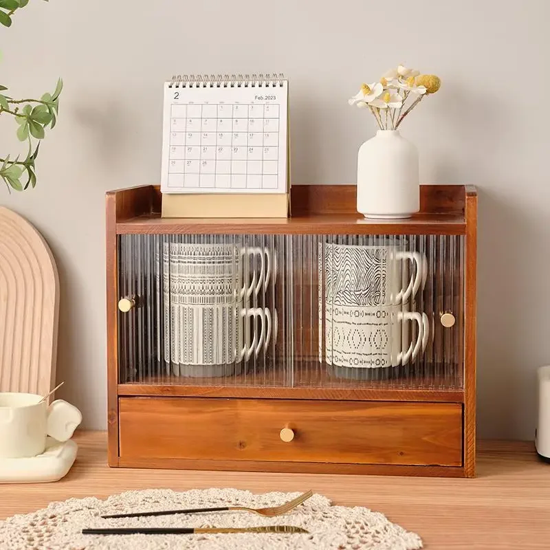 

Table storage box with Glass door drawer solid wood Desktop cabinet Cup tea Dessert clutter box kitchen accessories dish drying