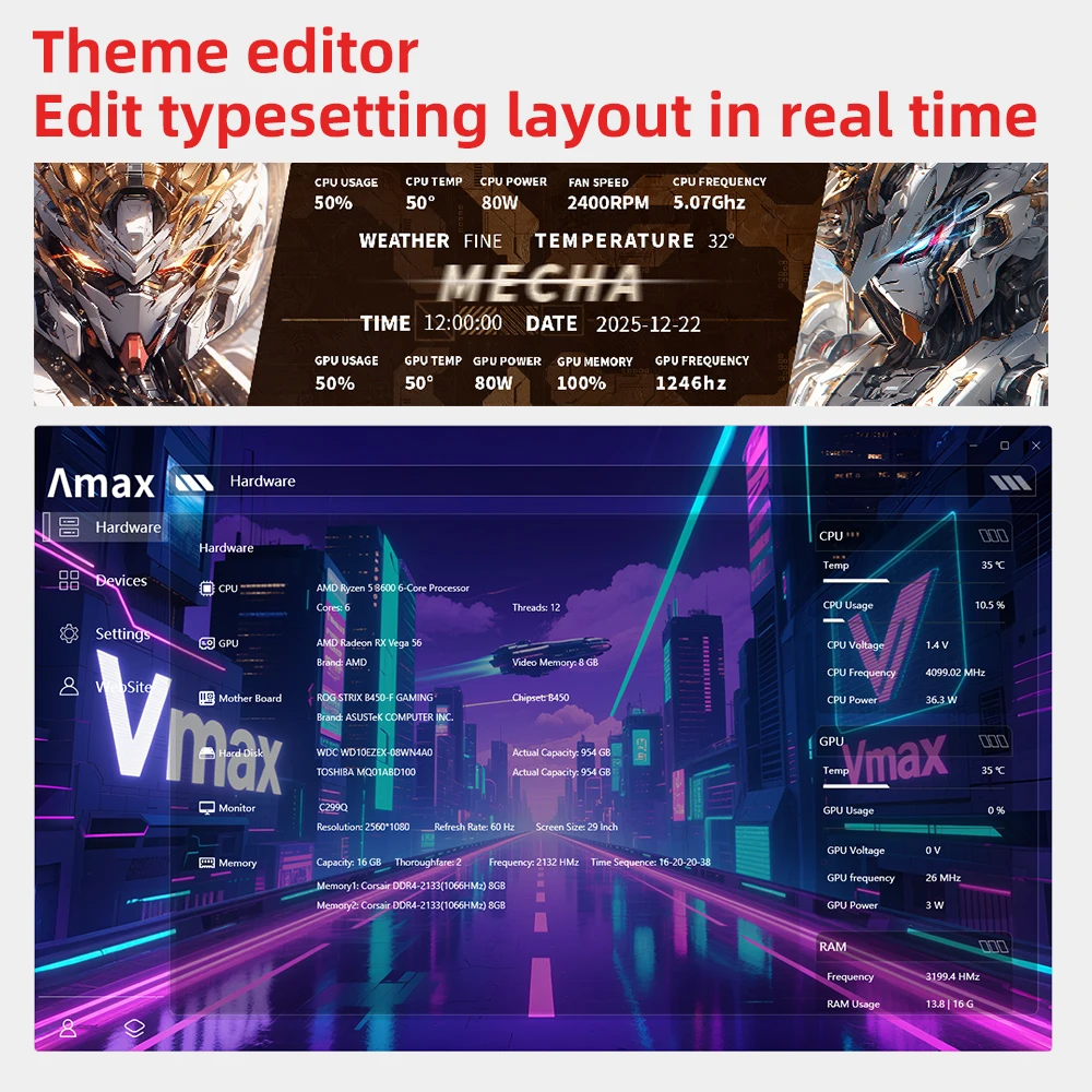 GCXZ G16SE 9.16 بوصة IPS LCD USB شاشة ثانوية Type-C CPU GPU RAM الكمبيوتر سطح المكتب شاشة ذكية شاشة ممتدة لا AIDA64