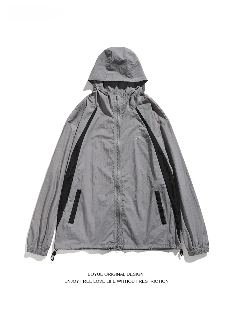 

Boyue Summer Anti-Uv Jaet Hooded Stand Collar Men's Women's Hong Kong Sle Splice Color Zipper Large ket Thin Outerwear