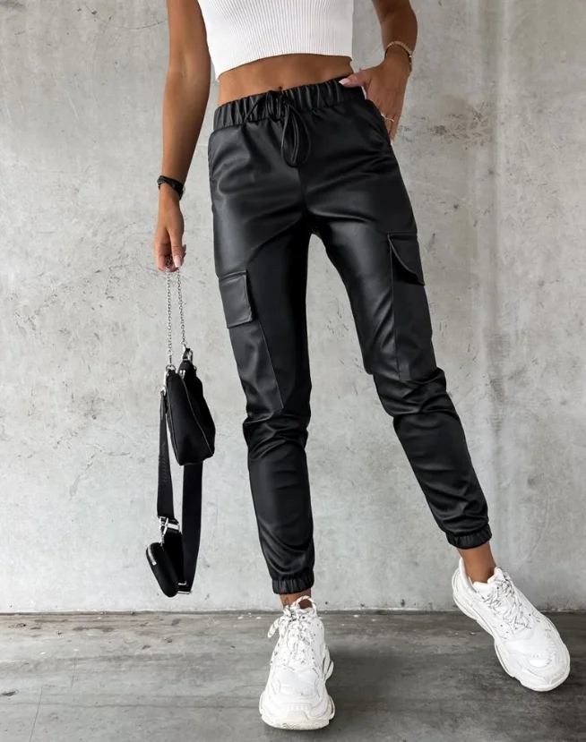 

Women's Pants Spring Fashion Elastic Waist Pu Leather Casual Plain High Waist Pocket Design Daily Long Cuffed Pants Streetwear