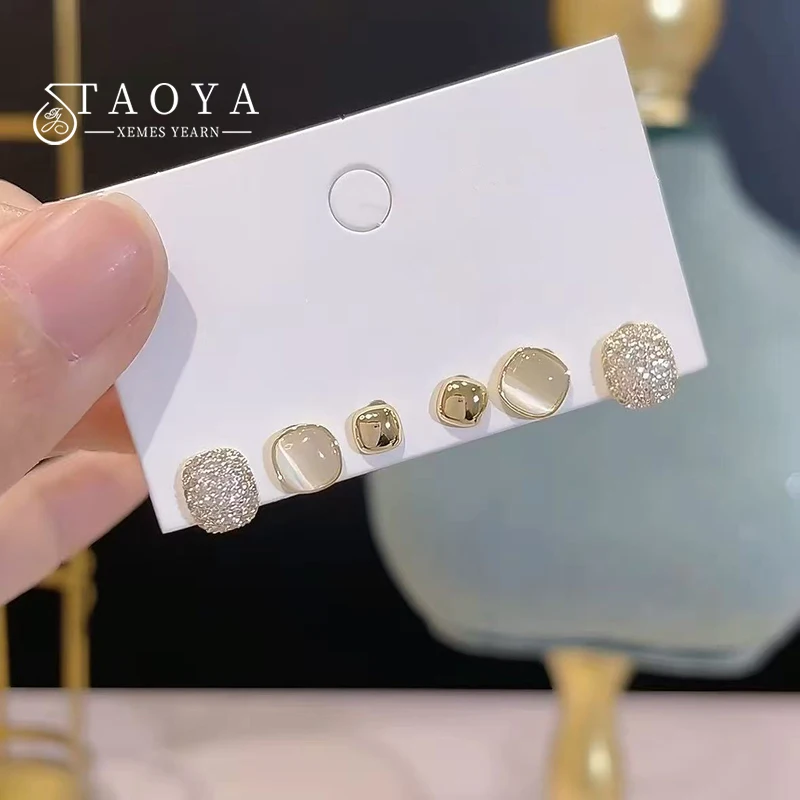 2026 New 3 Pairs Gold Plated Stud Earrings Set for Women Cat Eye Stone Paved Zircon Minimalist Daily Office Jewelry Ears Gift
