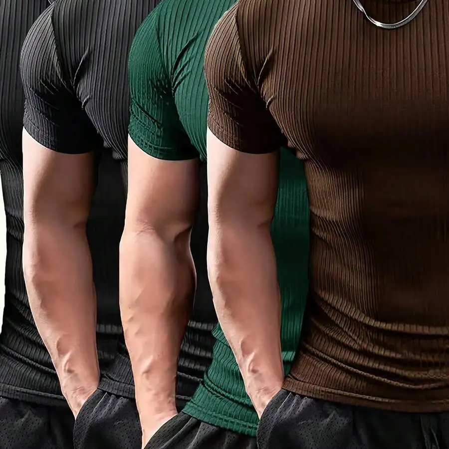 [Ribbed T-Shirt 4pcs] 4pcs Men's Ribbed T-Shirt | Spring/Summer Short Sleeve, Comfortable Breathable, Fashionable Casual Sporty
