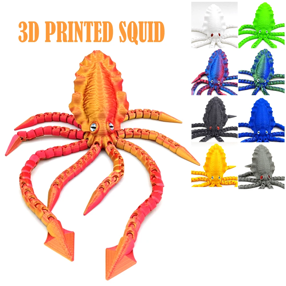 

3D Printed Squid Model Multi-Jointed Toys Adjustable Fishbowl Ornament Ocean Animal Decorative Desktop Luminous Boys Kids Gifts