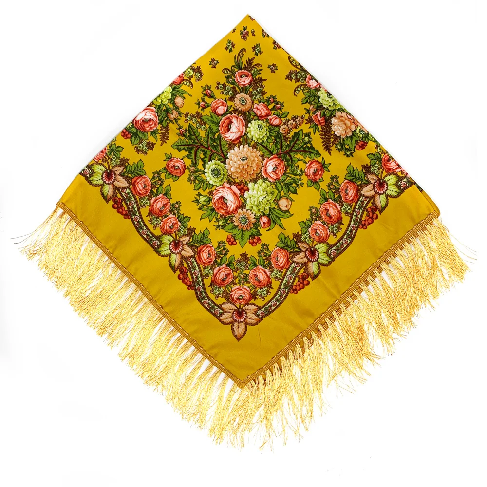 Russian Style Floral Print Square Scarf Women Retro Ukrainian Fringed Shawl Babushka Bandana Handkerchief Female Head Wraps