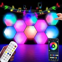 Smart Hexagonal Wall Lamp RGB Color changing Ambient Night Light DIY Shape Music Rhythm APP For Game Room Bedroom Intelligent