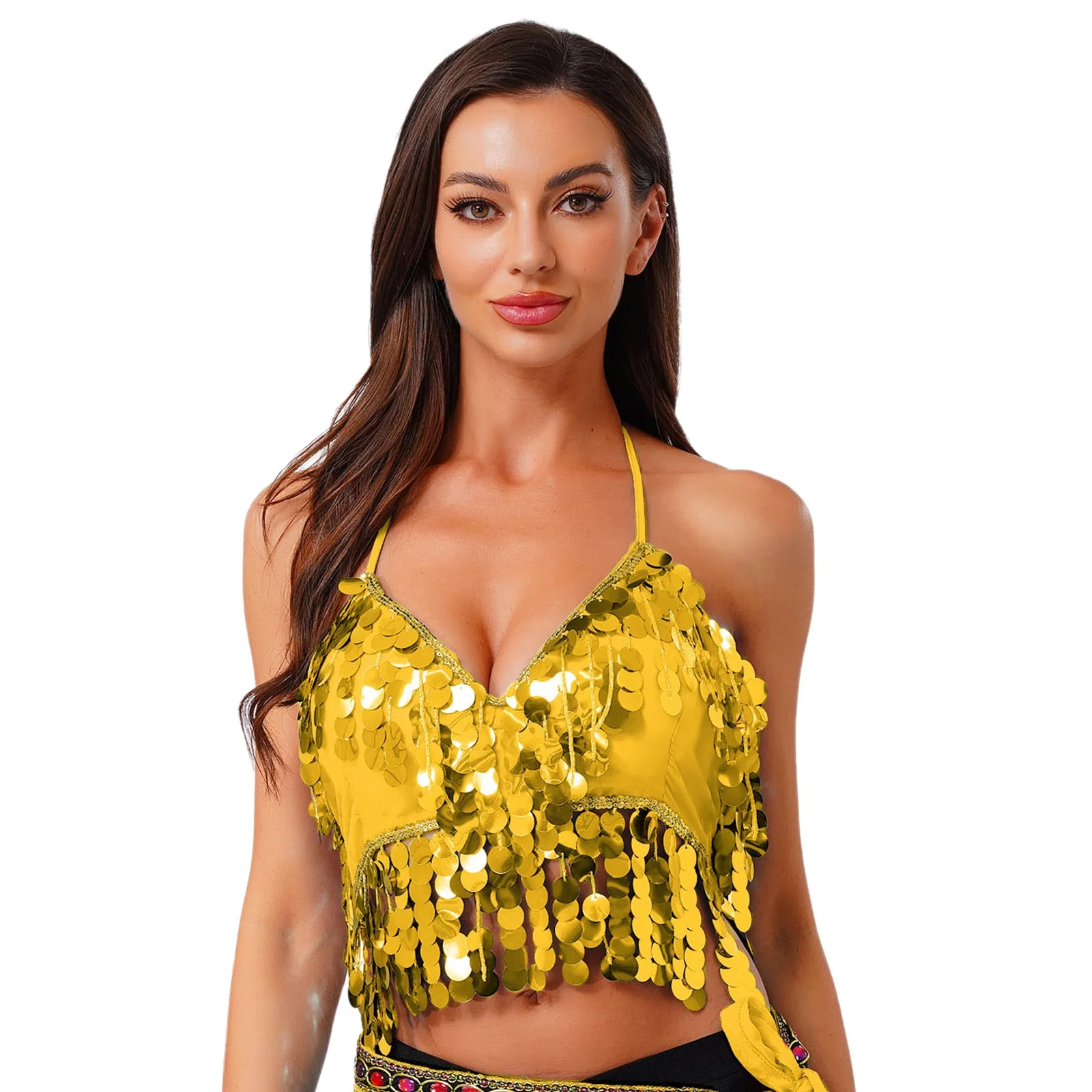 Frauen Sissy rückenfreie Bauchtanz-BH-Tops, Neckholder, Pailletten, Schnür-Unterhemd, Weste für Folk, indischen Bauchtanz, Performance-BH-Tops
