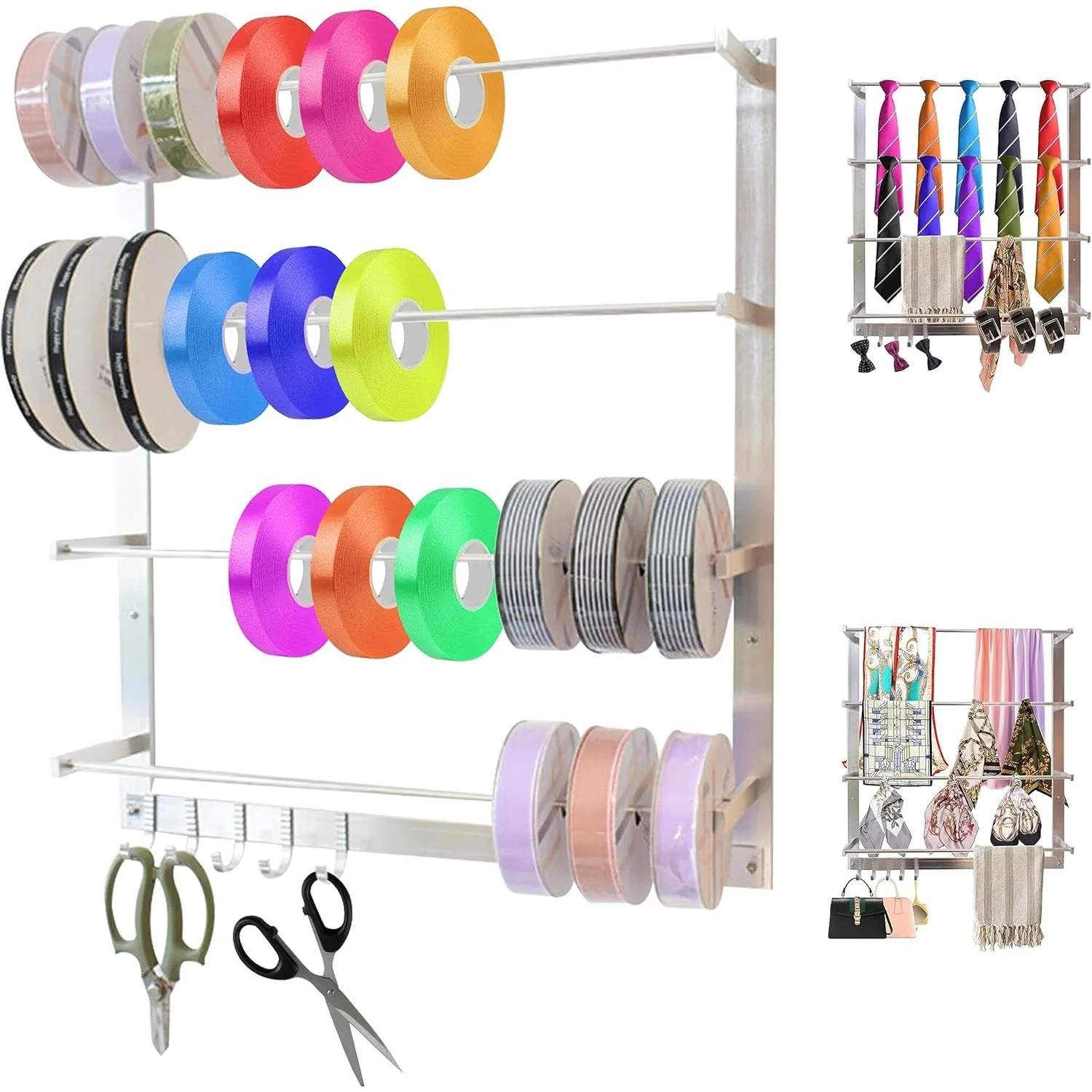 

Настенная витрина с 5 крючками, органайзер для лент, катушек, рулонов, шарфов и галстуков, полка для хранения полотенец, стойка для швейных принадлежностей и упаковочной бумаги