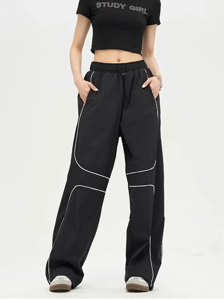 

Streetwear Hip Pop Track Cargo Pants Women Vintage Y2K Striped Reflective Black Sweatpants Oversized Wide Leg Trousers