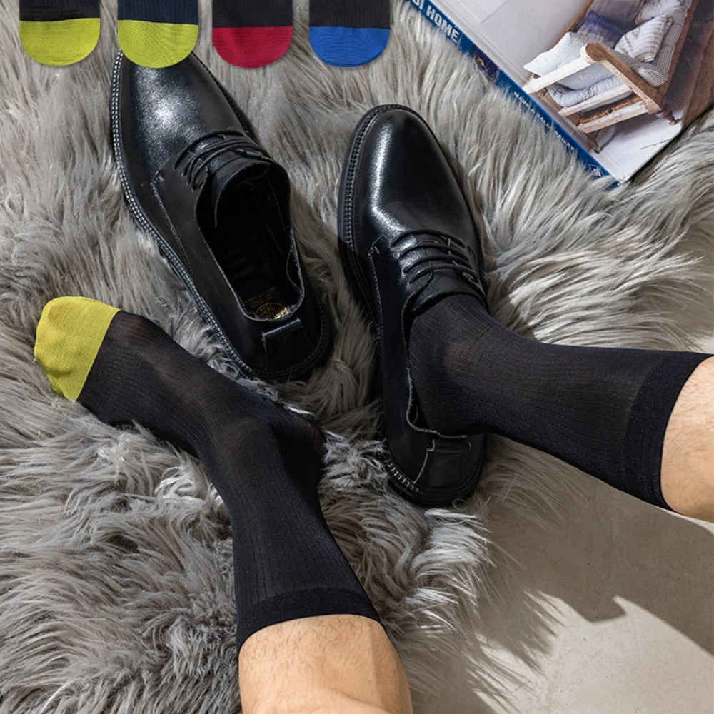 Breathable Stripe Men Thin Dress Tube Socks Translucent Middle Tube Patchwork Business Stockings Hosiery Mid-calf Summer