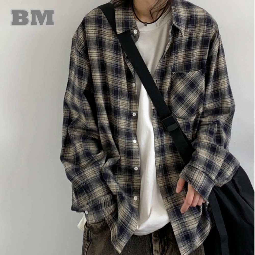 Japanese Vintage Cotton Plaid Shirt Spring Autumn Harajuku Casual Loose Long Sleeve For Men Women Clothing Fashion Tops Unisex