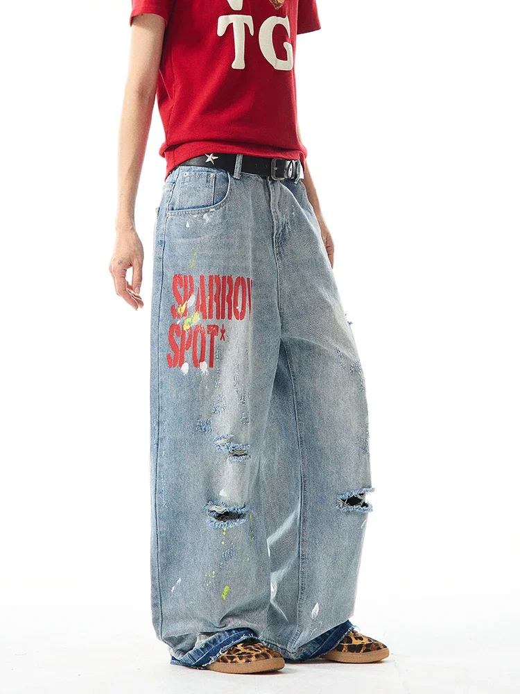 

American Retro Washing Embroidered Ripped Jeans Women's Vintage Loose Straight Wide-leg Casual Pants Woman Clothes Ladies Blouse