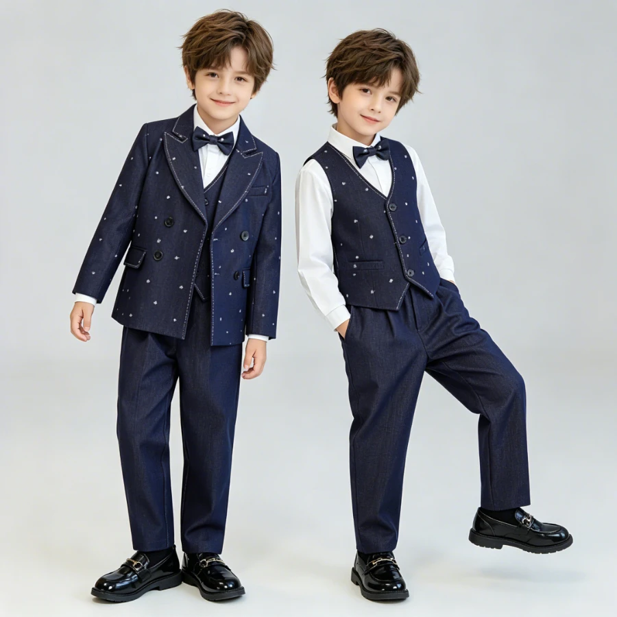 Kids Boys Double Breasted Star Printed Denim Suit Vest Shirt Bow Pants Formal Wedding Birthday Piano Stage Performance Outfit
