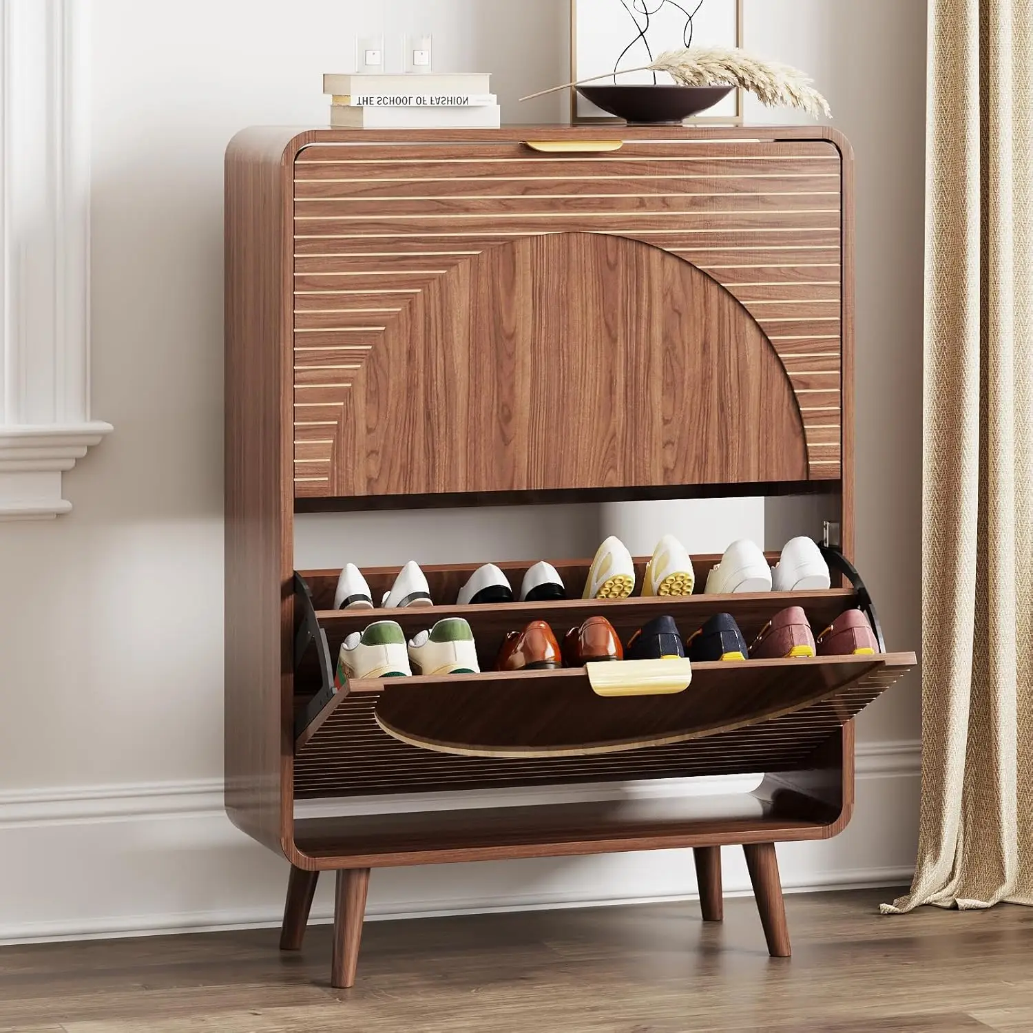 

Shoe Cabinet With 2 Flip Drawers,Narrow Wood Shoe Storage Cabinet With Fluted Panel, Freestanding Shoe Organizer, Customized