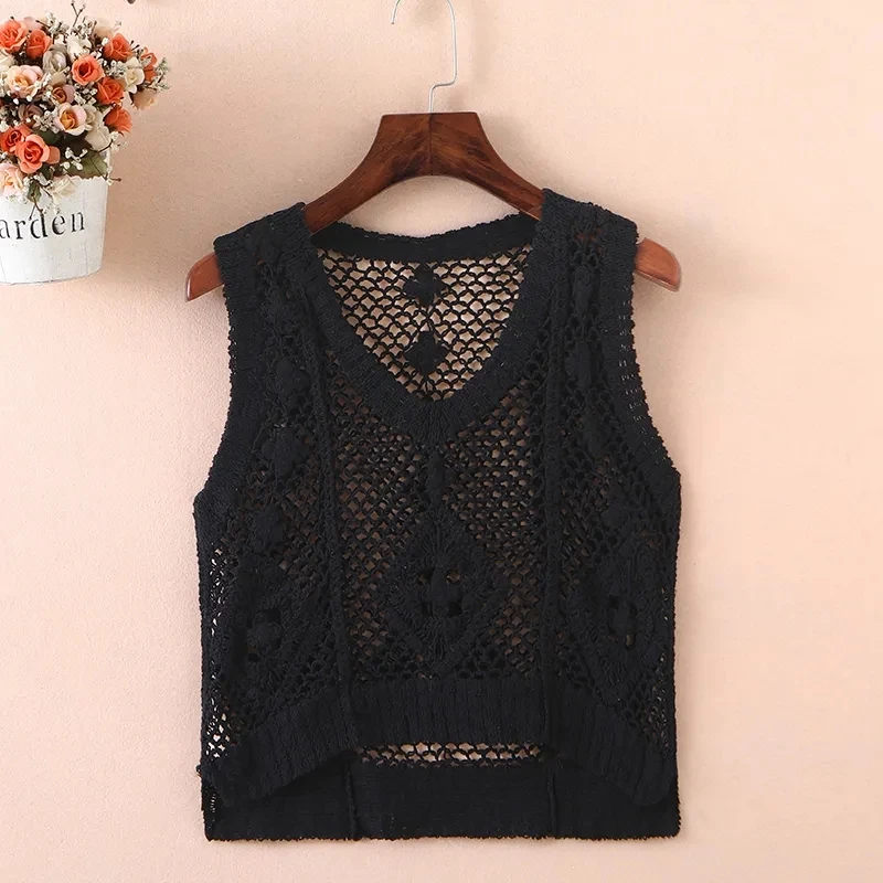 Summer Fashion Hollow Vest Women Outerwear Crochet Sleeveless Jacket Pullover Knitted Waistcoat Short Section Beach Tops H2478