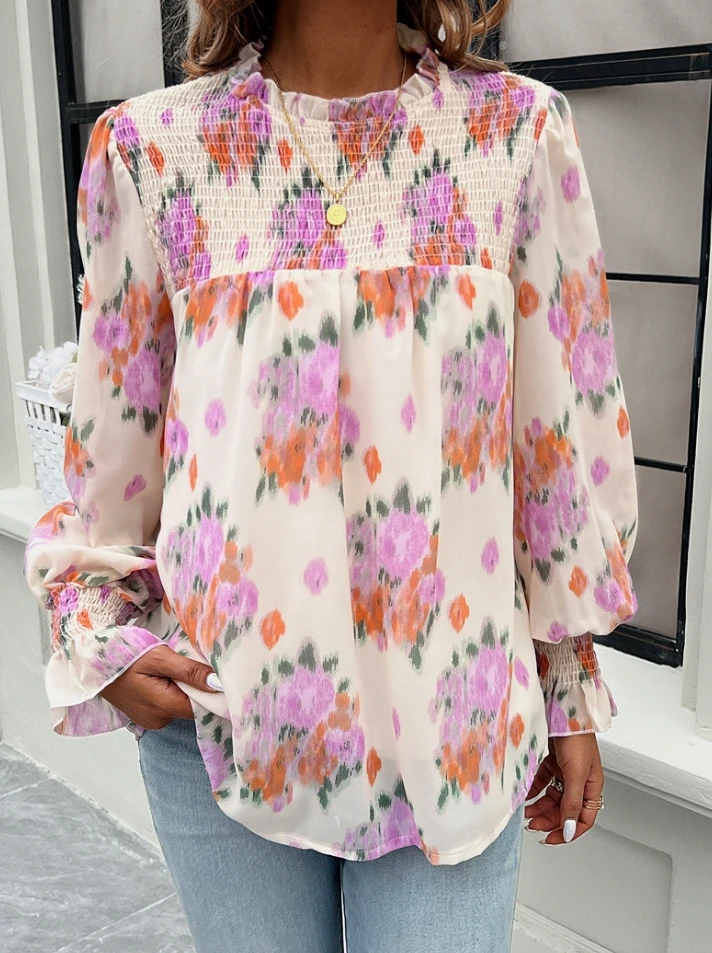 Women's Blouse Tops Elegant Casual Loose Fit Floral Print Lace Trim Round Neck Shirring Design Lantern Long Sleeve Chiffon Top