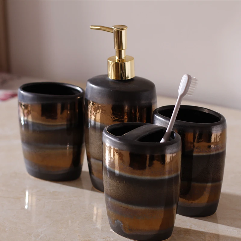 Retro Bathroom Four-piece Ceramic Wash Kit Toilet Hand Soap Bottle Home Bathroom Accessories Set Toothbrush Cup Mouthwash Cup