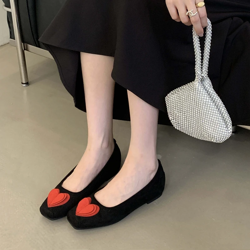 SUOJIALUN 2025 Autumn Women Flat Shoes Fashion Low Heart Shallow Slip On Single Shoes Low Wedge Heel Outdoor Dress Ballet Shoes