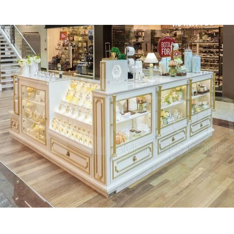 Custom, high end white and gold glass display showcase perfume kiosk display counter for shopping mall