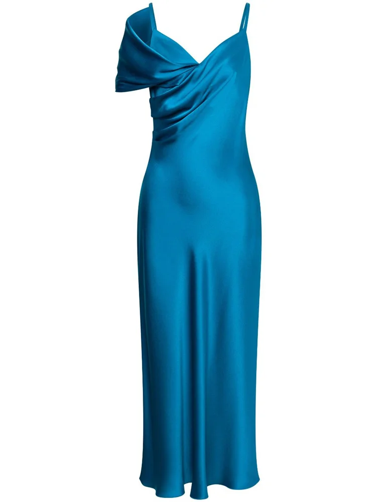 Customized Simple Blue Satin Draped Evening Dress Sleeveless One-shoulder Sweetheart Neckline Chest Draped Waist Flared Dress