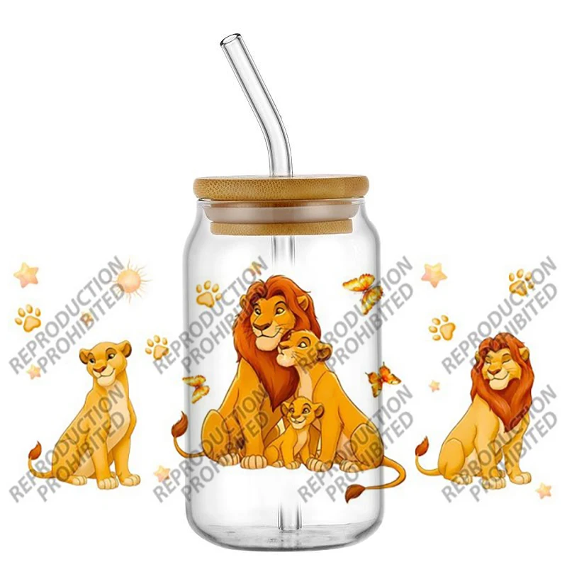 Beliebter Cartoon-Löwenkönig Simba 16oz UV DTF 3D-Transferaufkleber für Glasbecher, Mode, Basteln, DIY, Kreativ