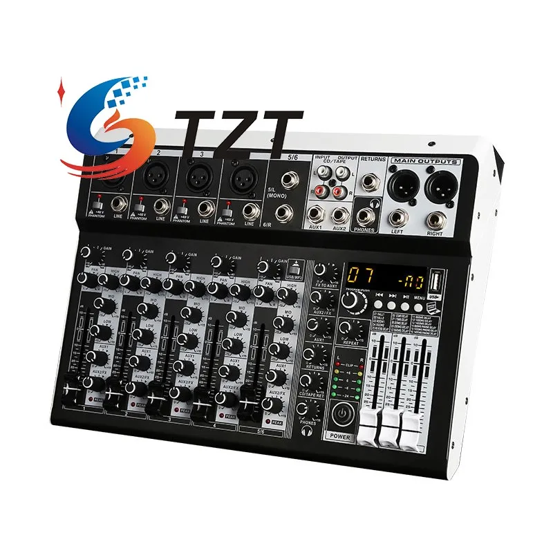 TZT KP6 Professional 6-Channel/KP8 8-Channel Multifunctional Audio Mixer Built-in 16 Digital Effector 48V Phantom Power Supply