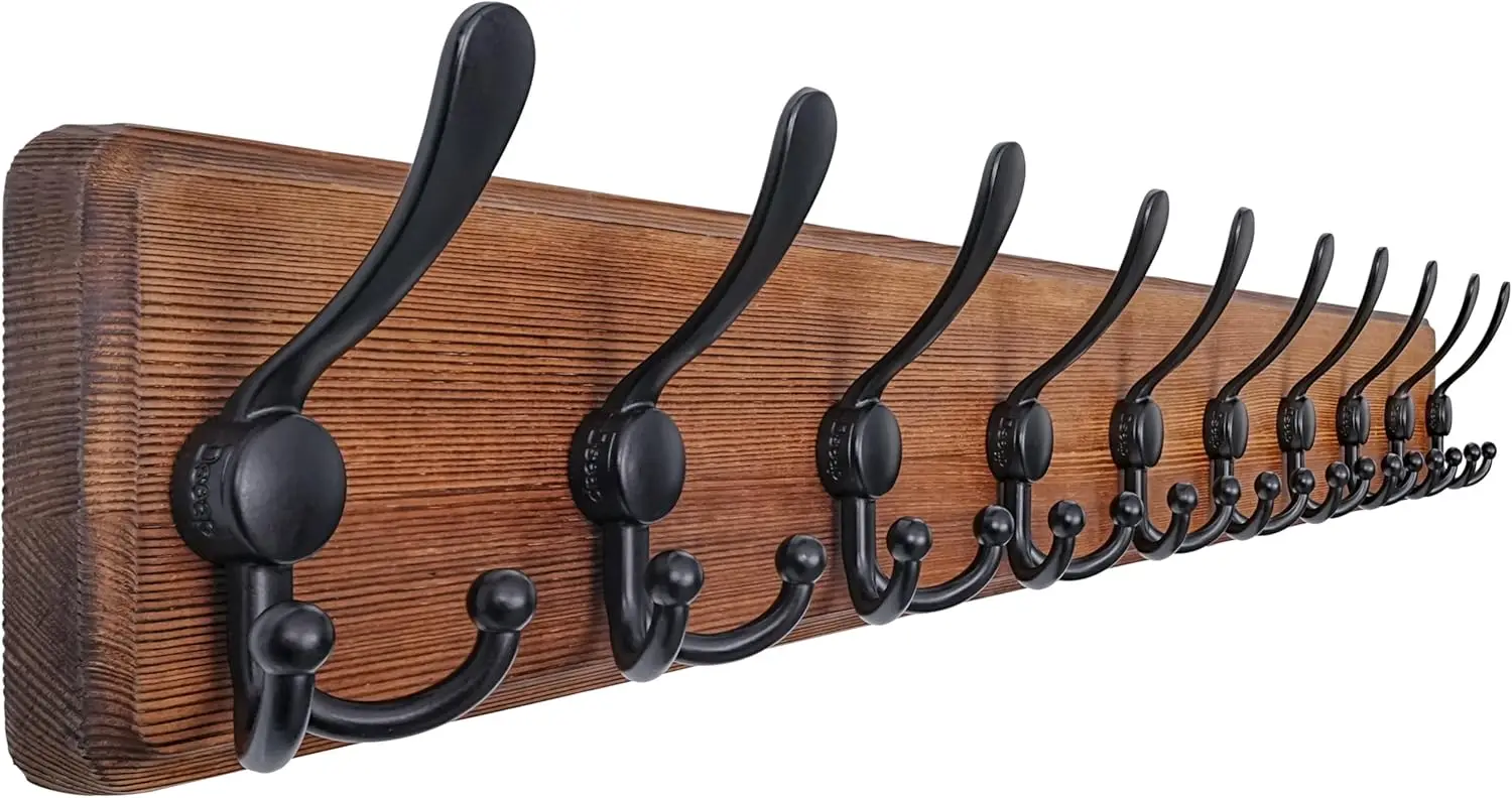 Heavy-Duty Wall Coat Rack with 10 Reinforced Hooks, Solid Wood Entryway Storage for Coats Jackets Hats - Rustic Farmhouse Style