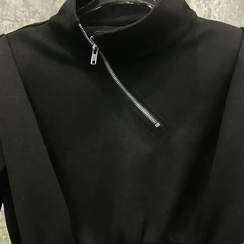 أسود صوف مبطن سستة هوديي المرأة الخريف الشتاء الوقوف طوق البلوز منصات الكتف الكفة المرنة لا الأكمام أخرى