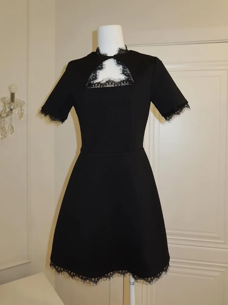 Tossy Black Lace Hollow Out Mini Dress Female Patchwork Short Sleeve Sexy High Waist Party Dress Women's Casual Printed Dress