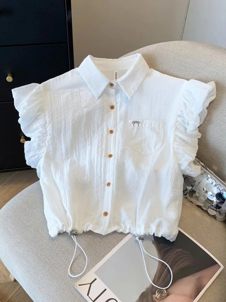 

Jmprs Women Casual Cute White Shirt Vintage Flying Sleeve Sweet Slim Blouse Summer Korean Retro Female Embroidery Simple Tops
