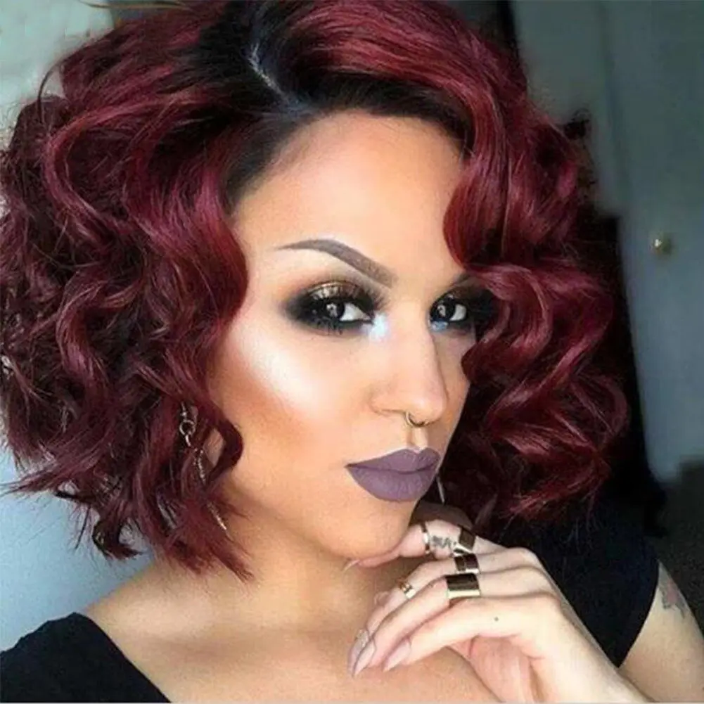 Wine red gradient curly wig short hair partial split full head set synthetic fiber high-temperature silk rose net