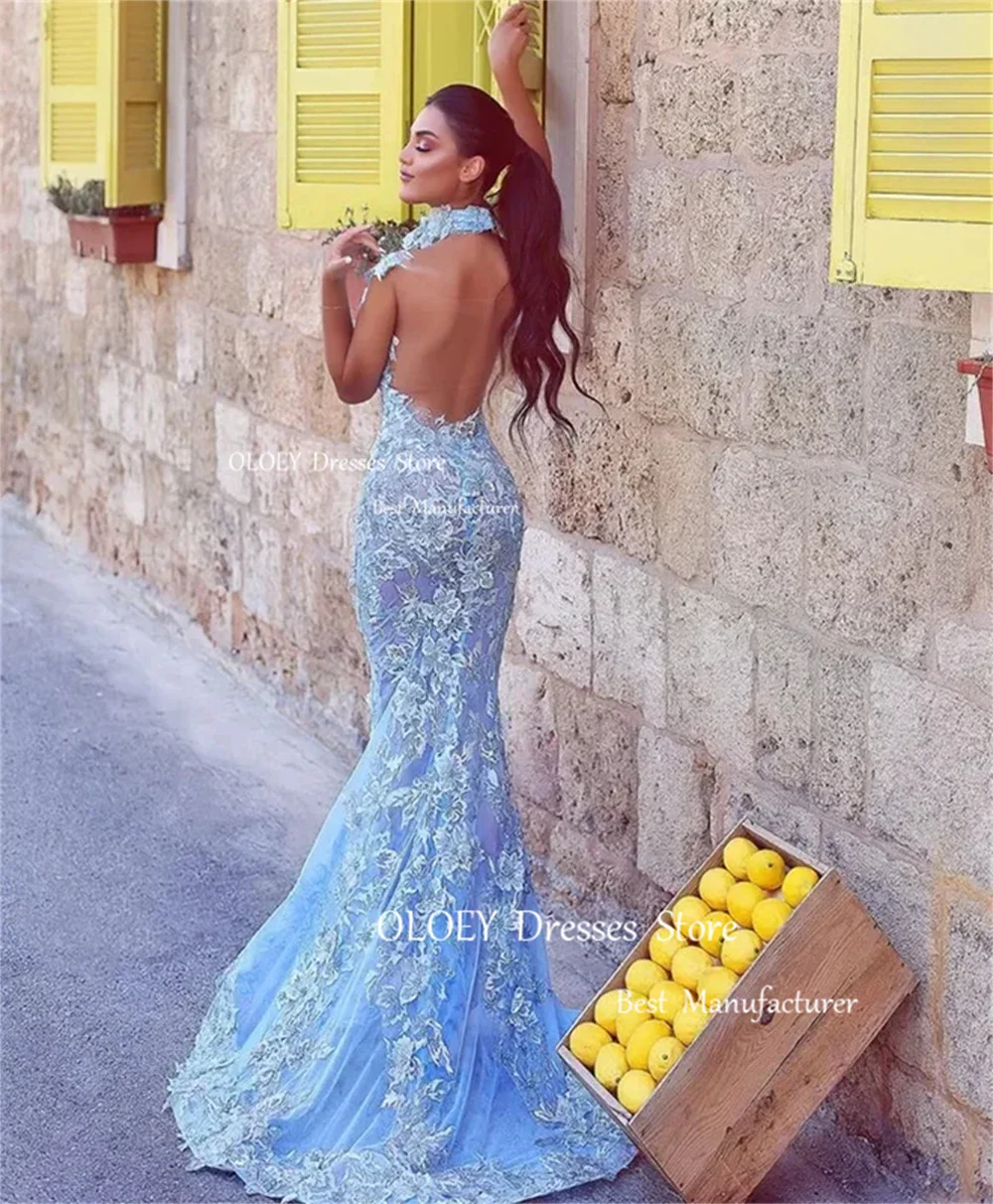 OLOEY Sexy Blue Mermaid Evening Dresses V Neck Bridal Photography Floor Length Sleeveless Soft Tulle Appliques Formal Prom Gowns