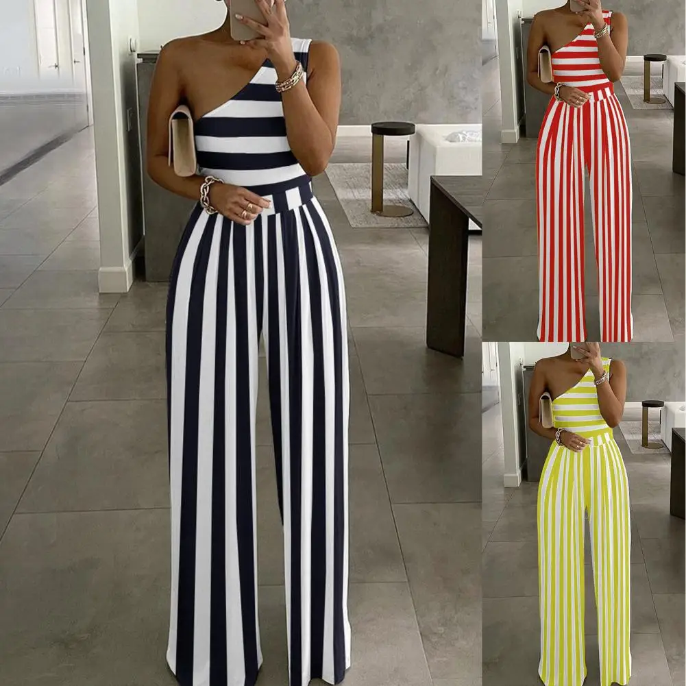 

One Shoulder Jumpsuits Women 2024 Vertical Stripes Print Summer Slash Neck Wide Leg Jumpsuit Wide Leg Long Pants Slim Jumpsuit