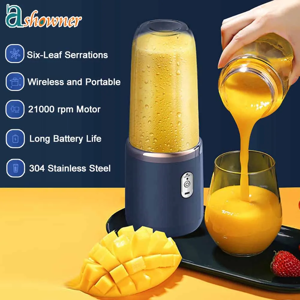 Ashowner Juicer Machines 400ML Stainless Steel Blender USB Charging Juicer Easy to Clean for High Nutrient Fruits and Vegetables