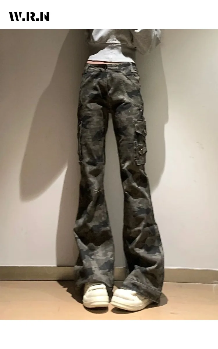 

Винтажные расклешенные джинсы с высокой талией-футляром в стиле Харадзюку, камуфляжные брюки Y2K, женские тонкие джинсовые брюки в стиле ретро 2000-х годов