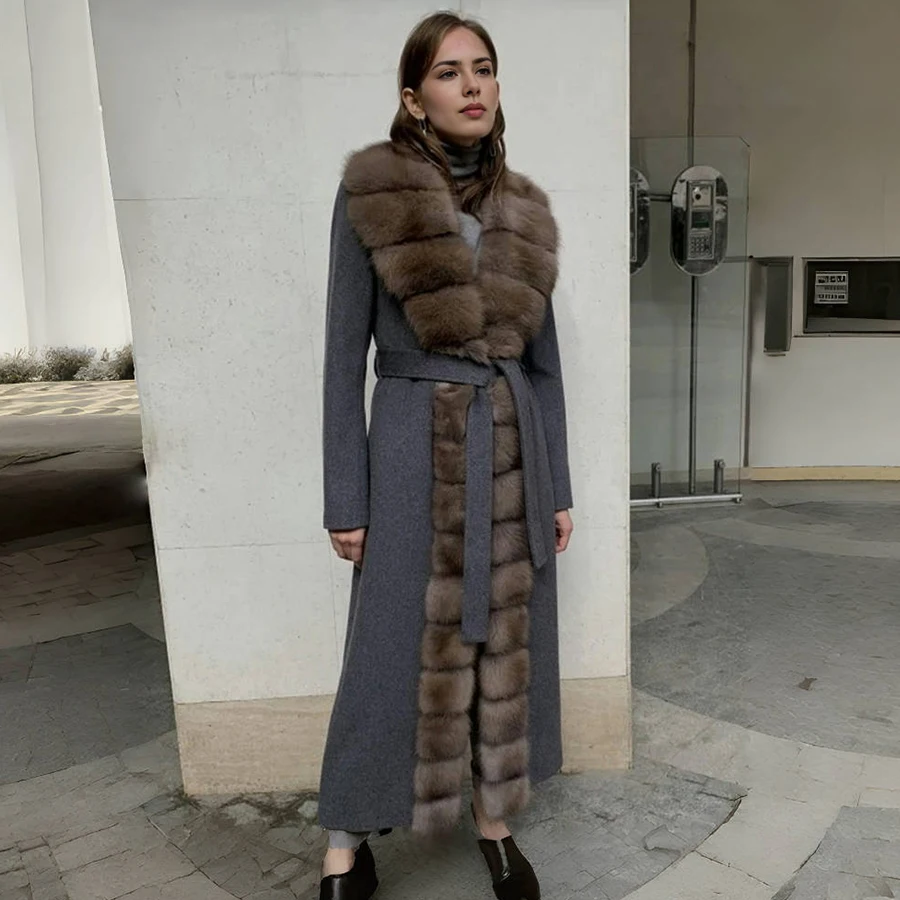 

Women's Wool Blend Coat With Fox Fur Cashmere Wool Coat Winter Long Real Fox Fur Coat Luxury New Arrival