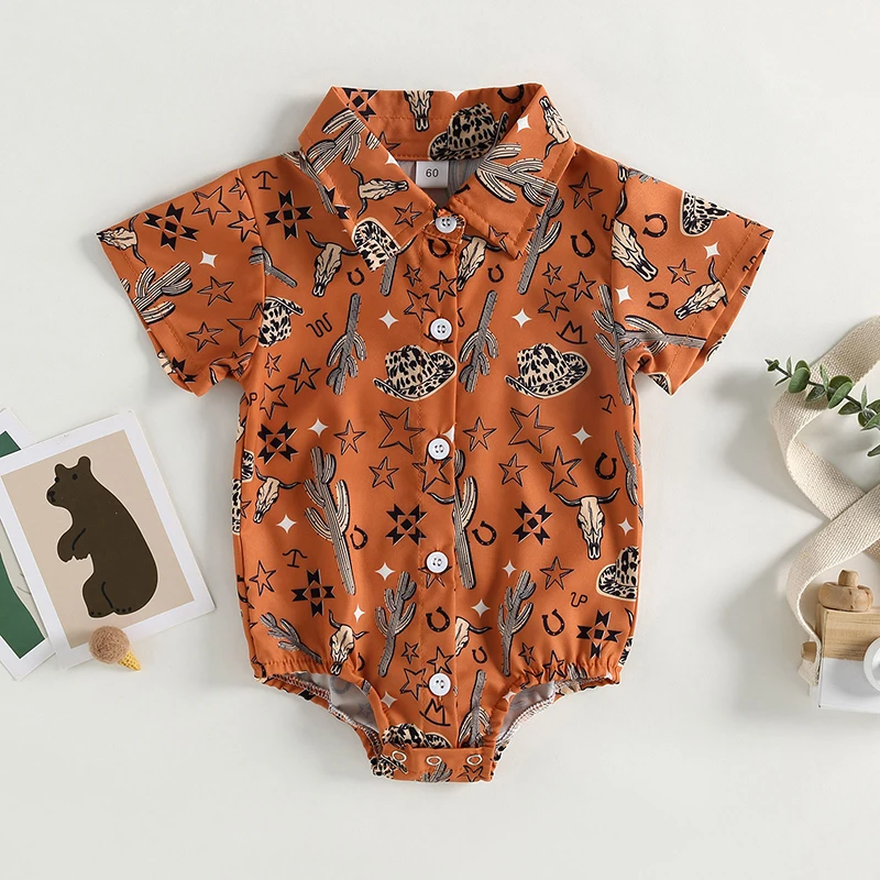 FOCUSNORM 4 Colors Infant Baby Boys Gentleman Romper Cow Head Print Turn-Down Collar Short Sleeve Western Jumpsuits Summer