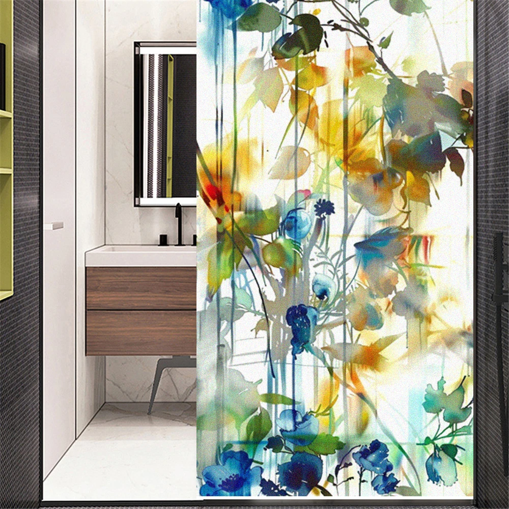 Watercolor Privacy Window Film Static Sticker Glass Adhesive Free Anti UV Heat Resistant Home Door Sticker Bathroom Doors