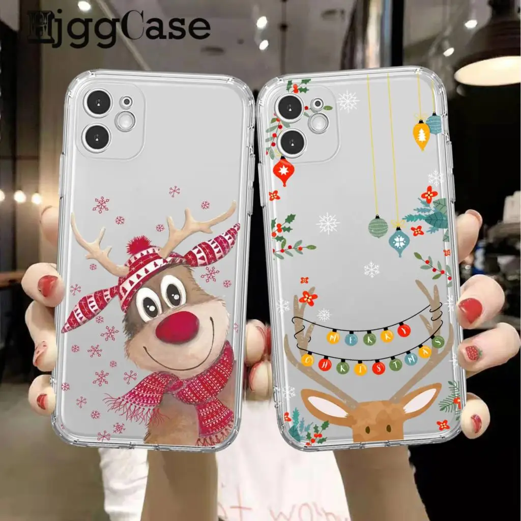 Cartoon Reindeer Merry Christmas Phone Case for IPhone 16 15 14 13 11 12 Pro16 Max X XR XS Clear Santa Claus Cover New Year Gift