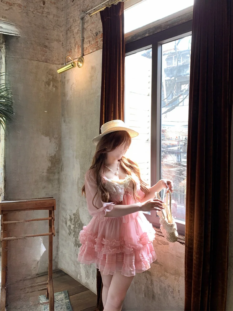 

Annie Non-Fire Color Colion Lace Collar ort Sve Set Women's plus Size Waist-Cinching Skirt Bubble Sve Pure Color S...