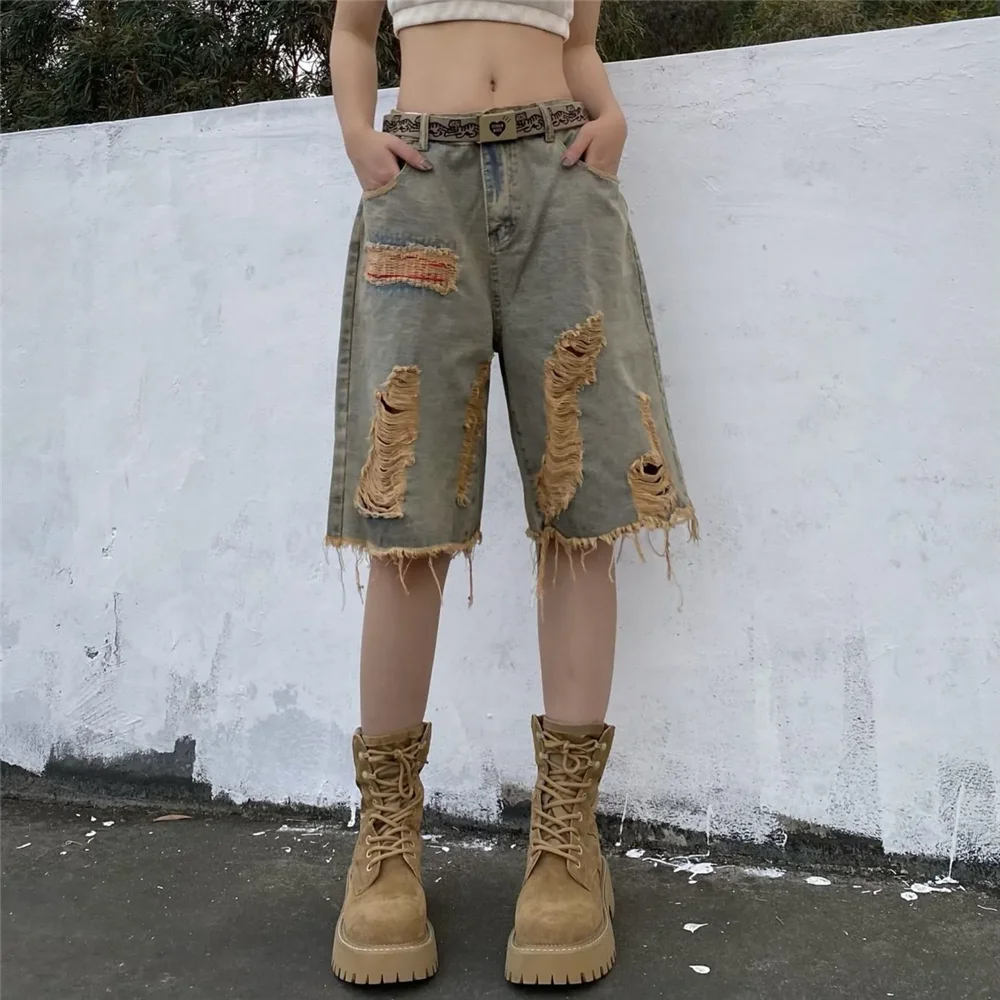 

Vintage Hole Denim Shorts Women Harajulu Chic Y2K Hip Hop High Street Jeans Shorts Bf Summer Baggy All Match Wide Leg Short Pant