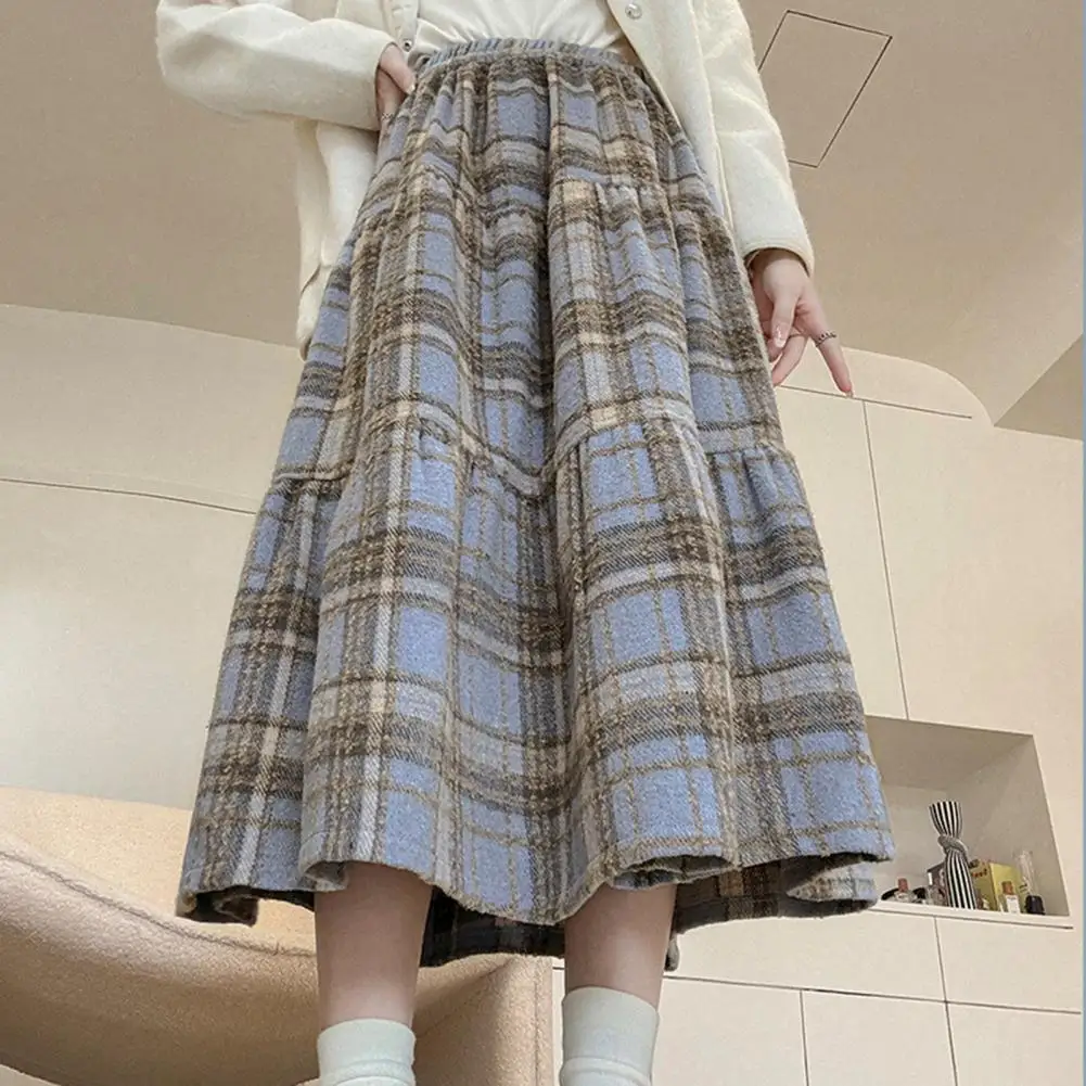 

Plaid Design Skirt Elegant High-waisted Plaid Woolen Skirt with Ruffle Detailing Stylish A-line Skirt for Autumn for Women