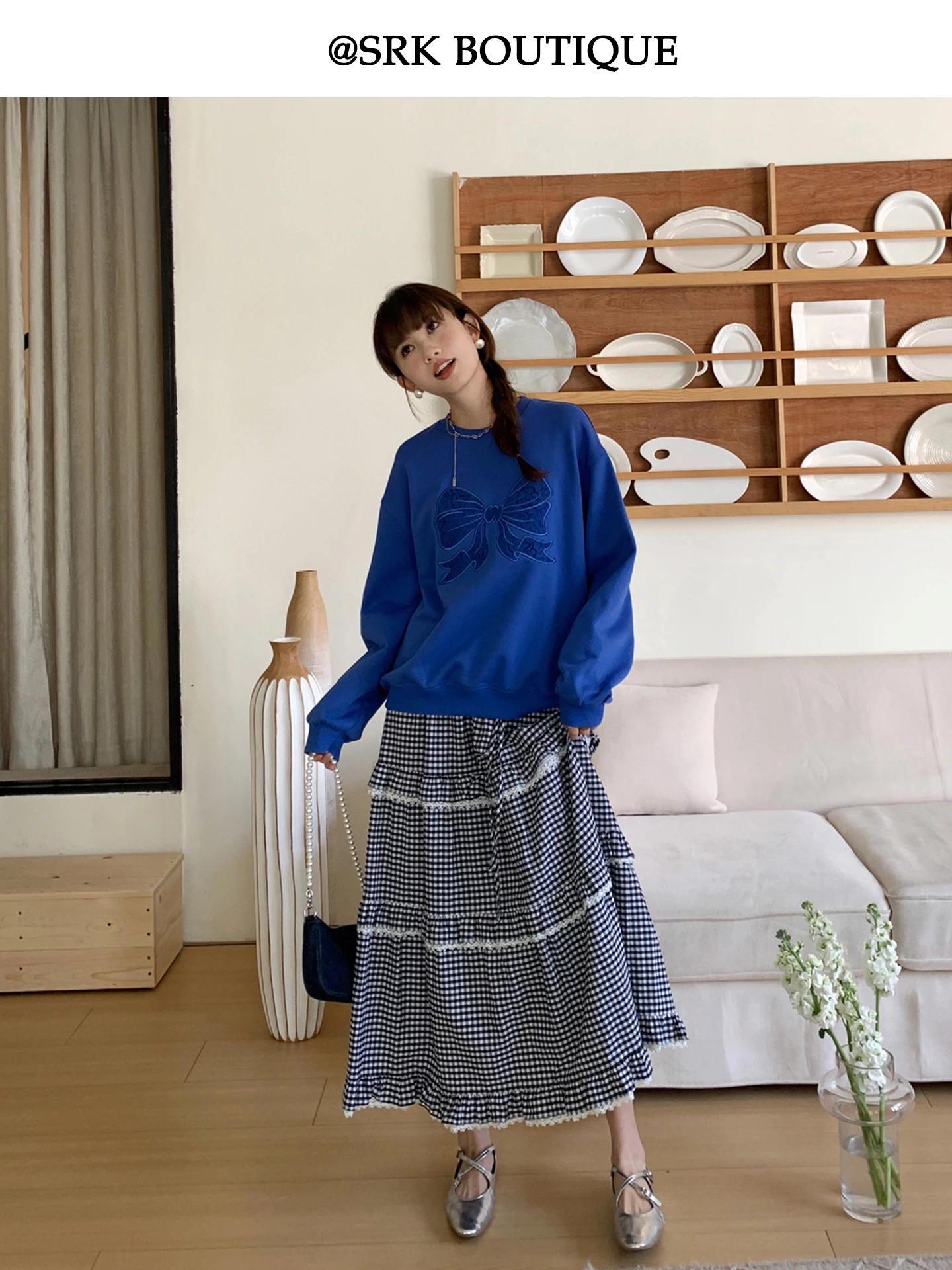 

Классическая универсальная черно-белая клетчатая юбка миди SRK, женская, с завышенной талией, стройнящая, А-силуэт, весна 2026, хлопковая, в клетку «гингем»