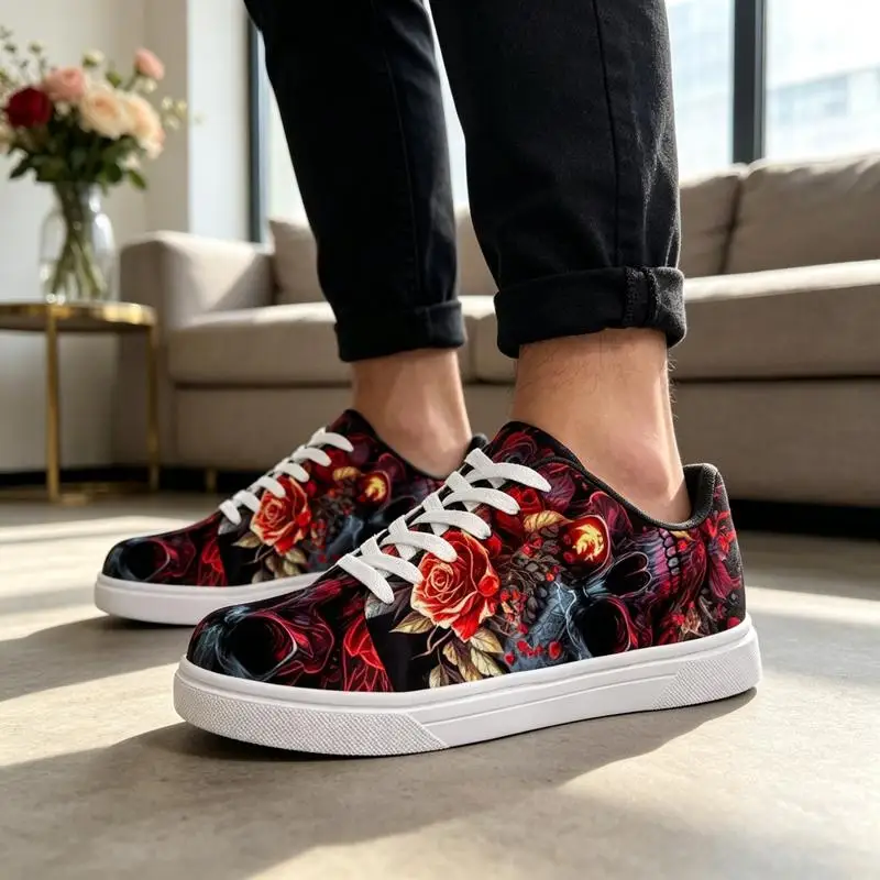 Ladies Men's Road Running Shoes，Fashionable Skull and Rose Print，White casual sneakers，Comfortable outdoor sports shoes