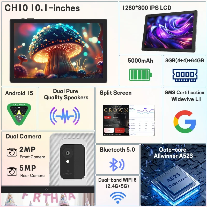 ANRY 2025 Android 15 Tablets، تابلت 10.1 بوصة ثماني النواة مع ذاكرة وصول عشوائي 8 جيجابايت وذاكرة قراءة فقط 64 جيجابايت، شاشة لمس IPS، بطارية 5000 مللي أمبير في الساعة معتمدة من GMS