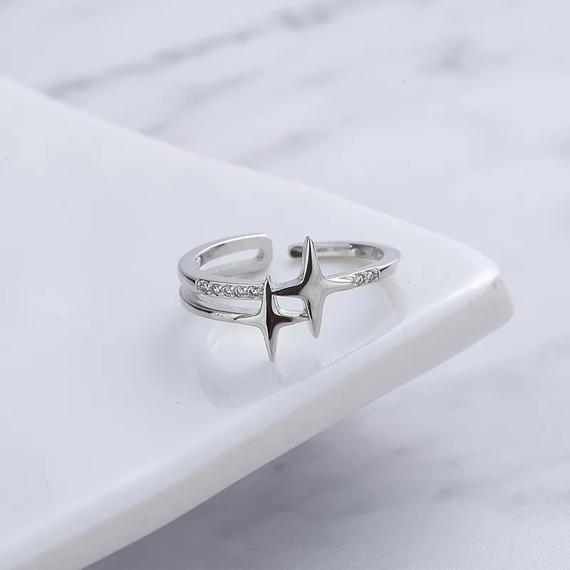 PANJBJ 925 Sterling Silber Vierzackiger Stern Glänzender Zirkon-Ring Hochwertiger Personalisierter Verstellbarer Schmuck – Detail 36