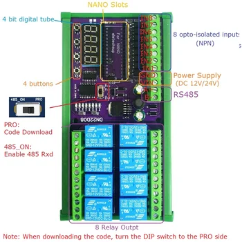 8 Channel 12V 24V Relay Shield Module RS485 PLC IO Expanding Board for Arduino NANO V3.0